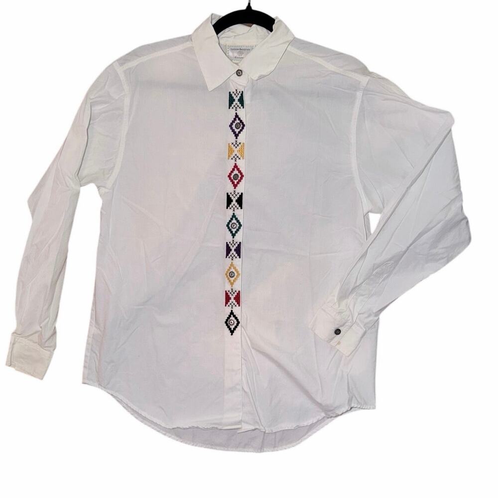 Vintage Susan Bristol white button front shirt embroidered detail 100% cotton M